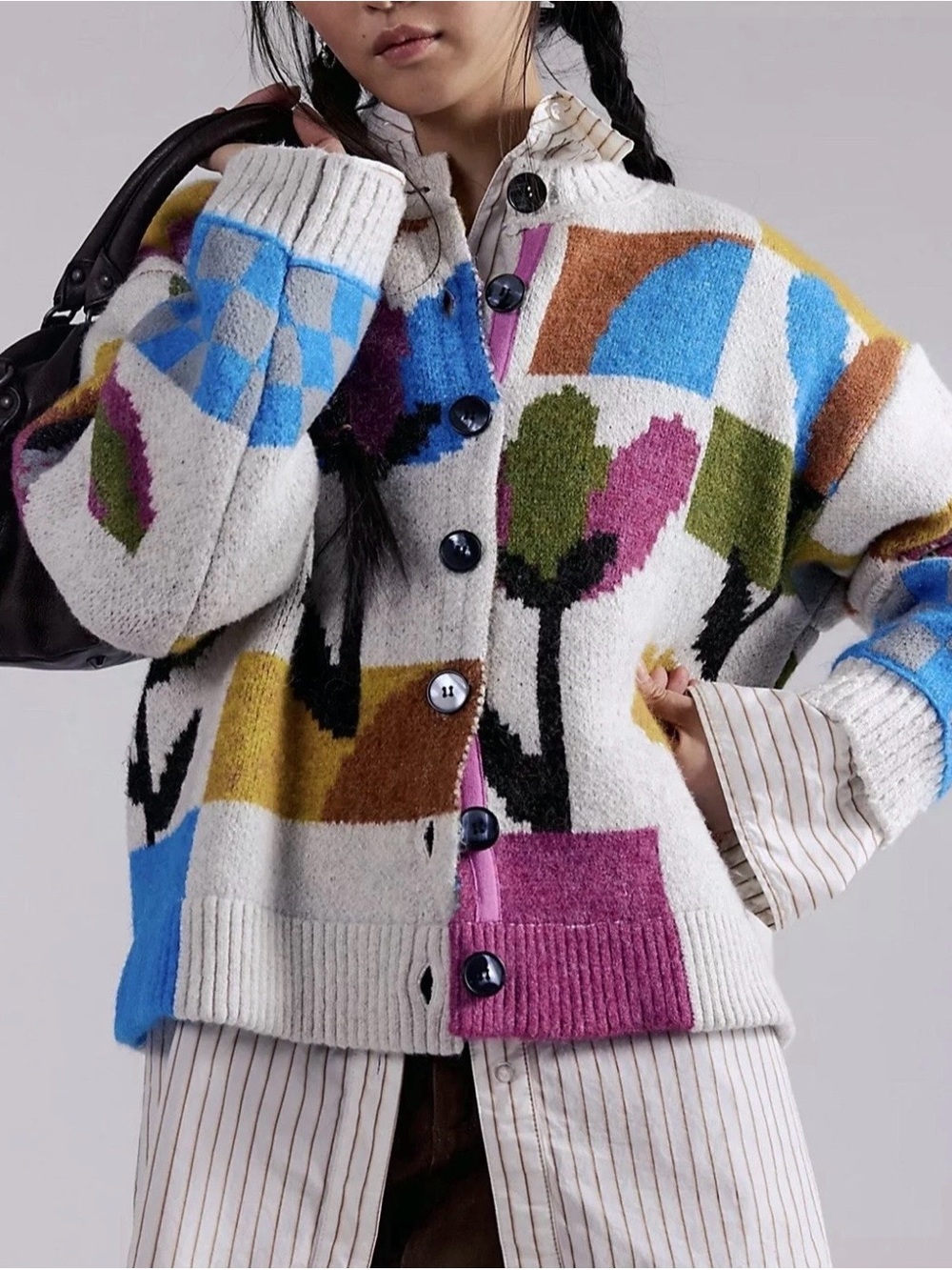 Free People Tulip Whirl Multicolor Graphic Knit Cardigan NWT